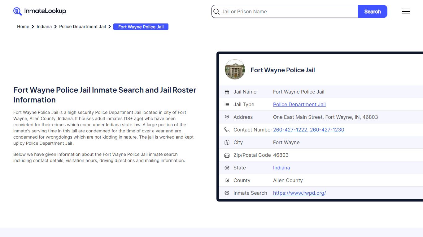 Fort Wayne Police Jail Inmate Search - Inmate Lookup